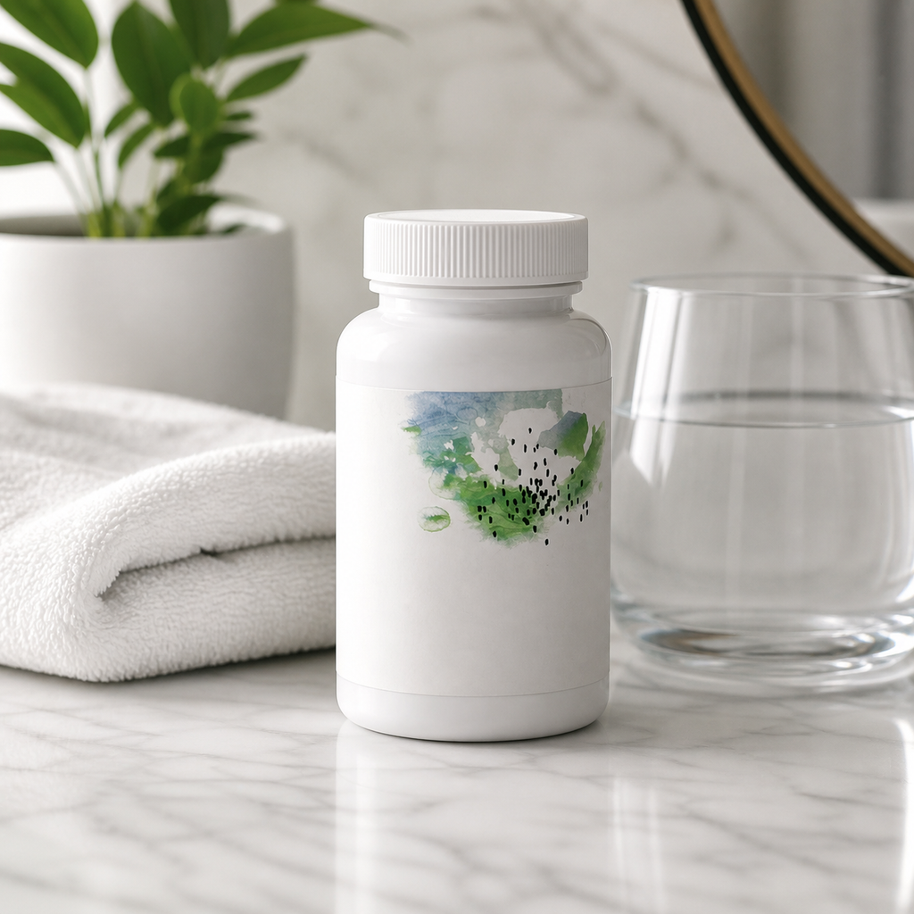 Neutral supplement bottle lifestyle image on clean vanity
