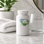 Neutral supplement bottle lifestyle image on clean vanity