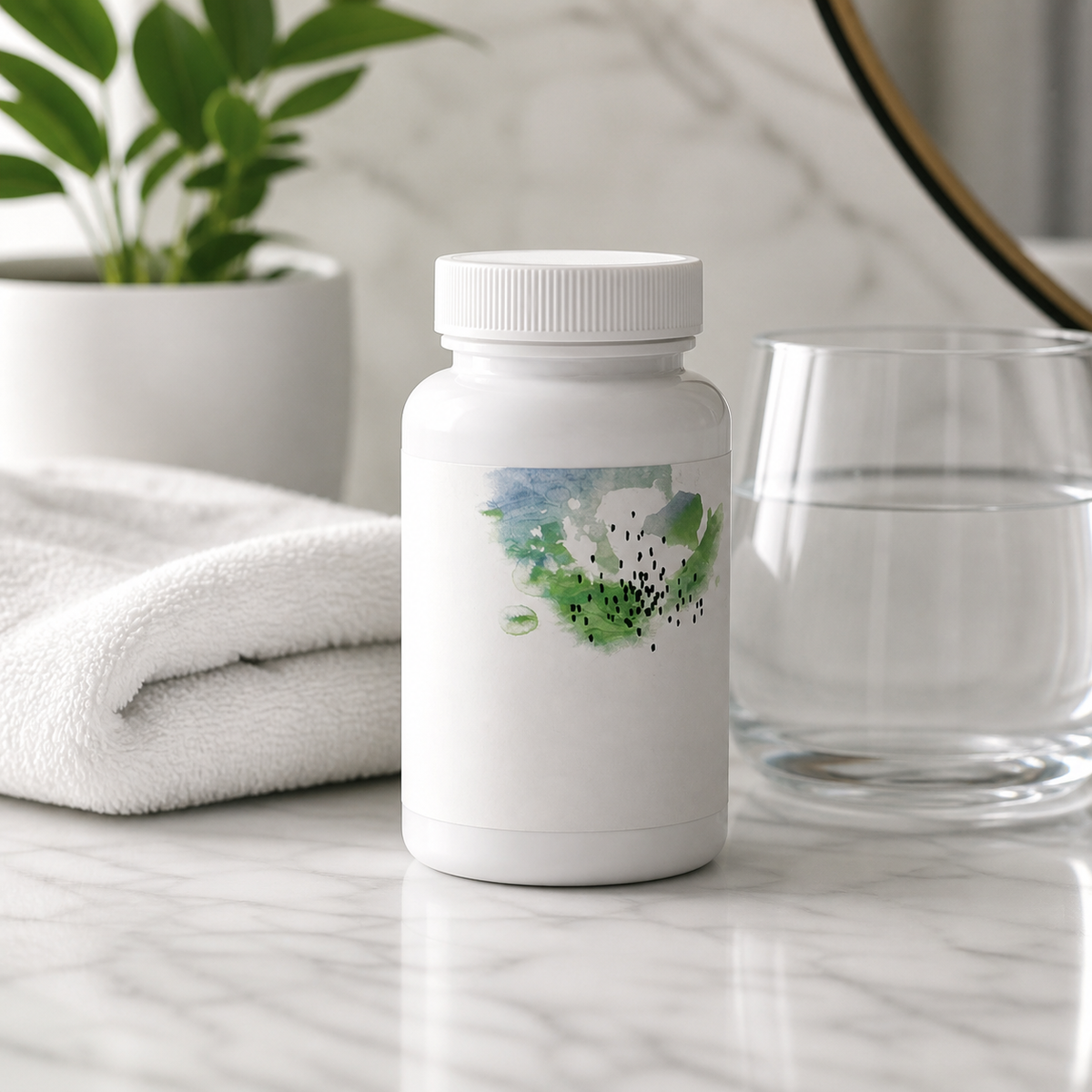 Neutral supplement bottle lifestyle image on clean vanity