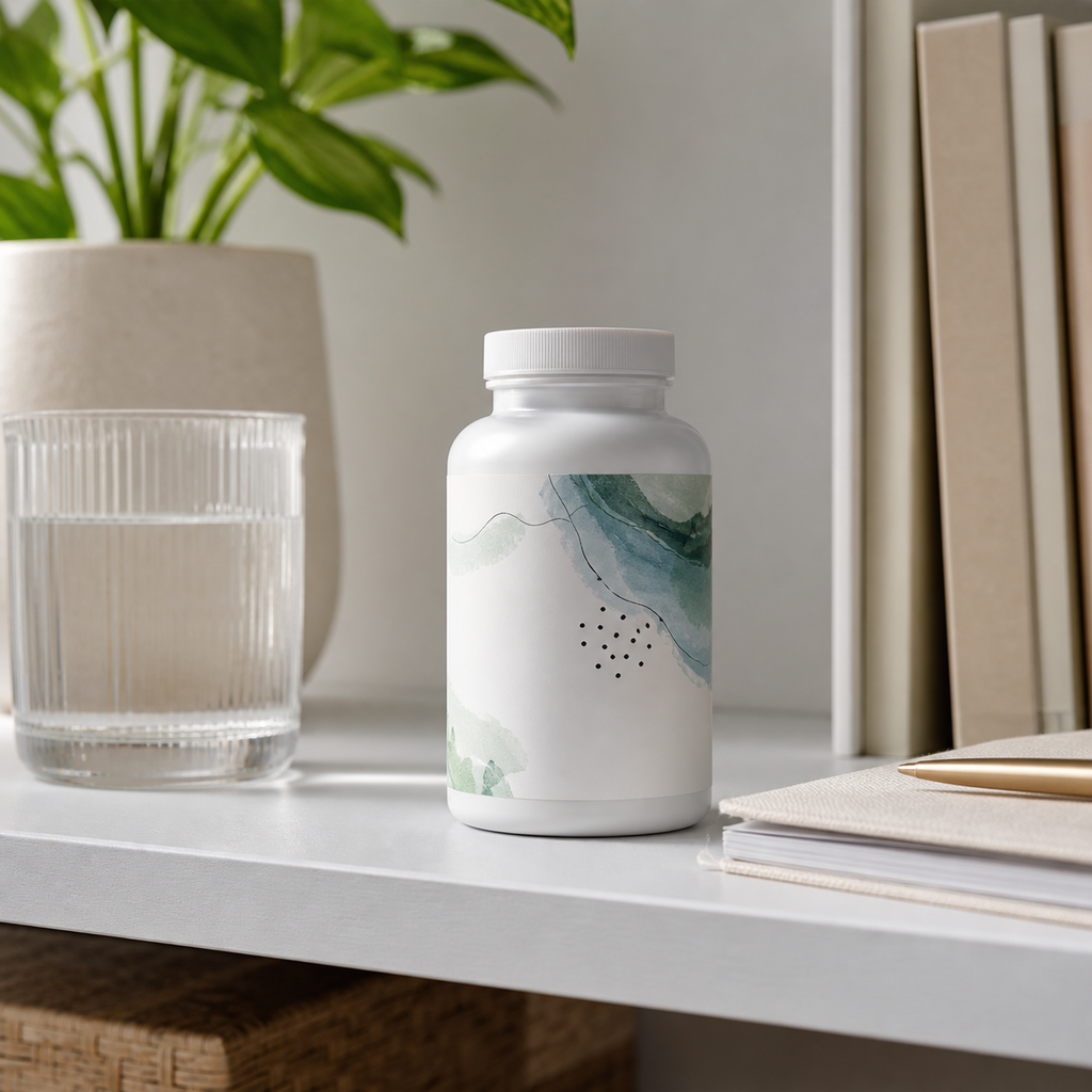 Neutral supplement bottle lifestyle image on organized shelf