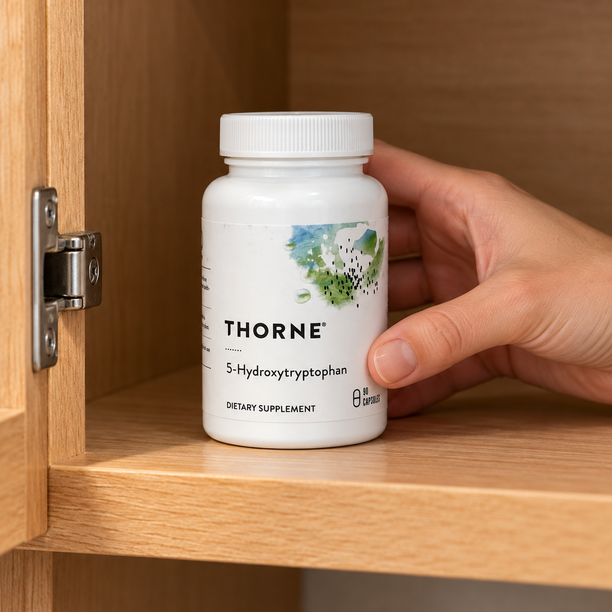 Adult hand placing the closed Thorne 5-Hydroxytryptophan bottle on a dry wooden cabinet shelf.