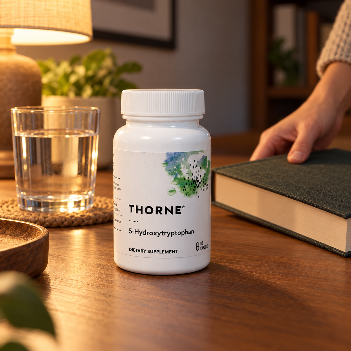 Closed Thorne 5-Hydroxytryptophan 90-capsule bottle beside water as an adult places a book on a table.