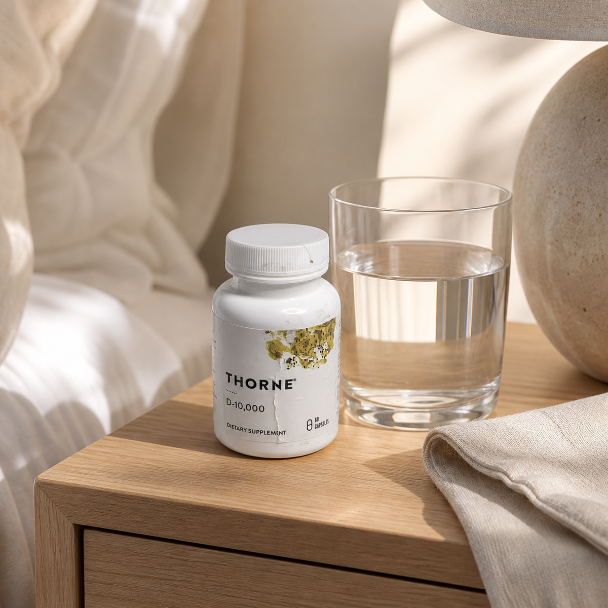Thorne D-10,000 bottle beside a glass of water – AI lifestyle image