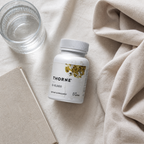 Thorne D-10,000 bottle in a neutral wellness flat lay – AI lifestyle image