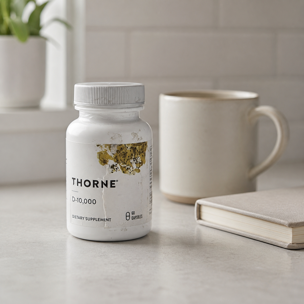 Thorne D-10,000 bottle on a clean kitchen counter – AI lifestyle image