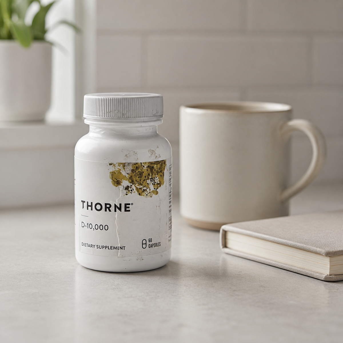 Thorne D-10,000 bottle on a clean kitchen counter – AI lifestyle image