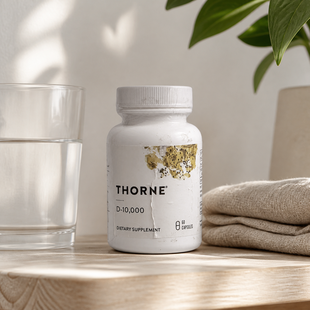 Thorne D-10,000 60-capsule bottle on a wellness shelf – AI lifestyle image
