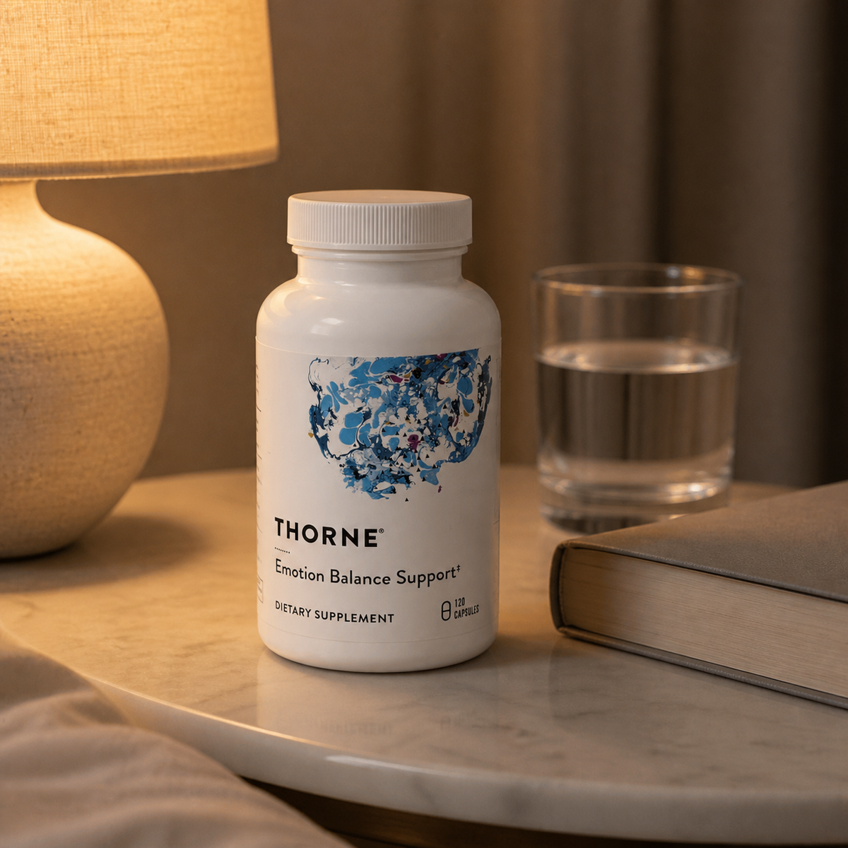 Thorne Emotion Balance Support 120 capsules in an evening routine setting