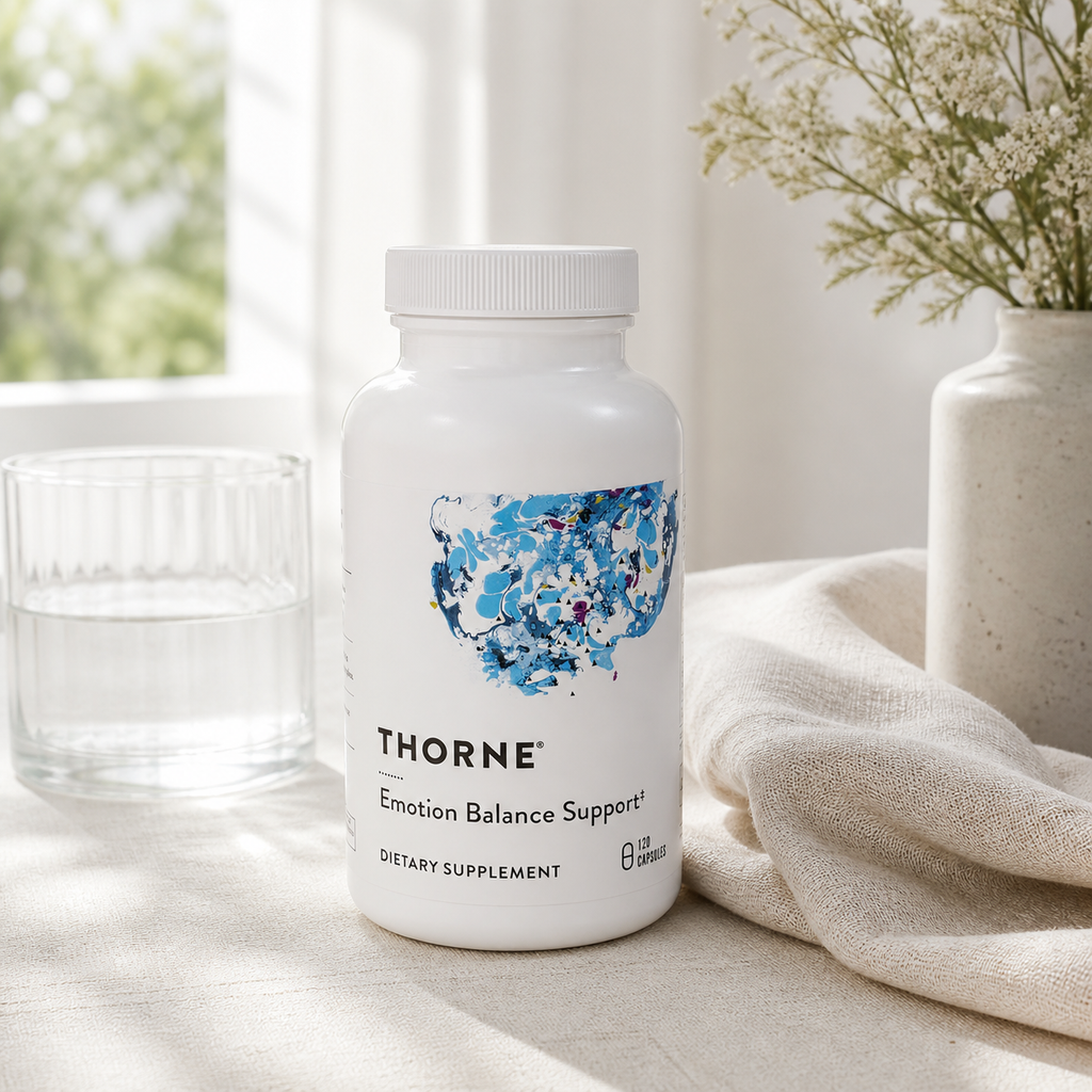 Thorne Emotion Balance Support 120 capsules in a bright morning wellness setting