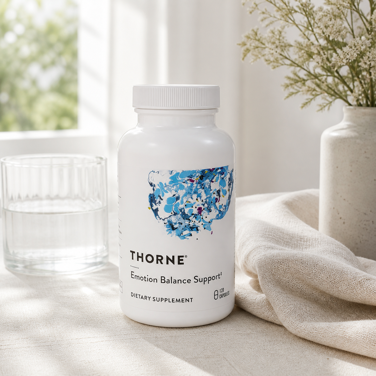 Thorne Emotion Balance Support 120 capsules in a bright morning wellness setting