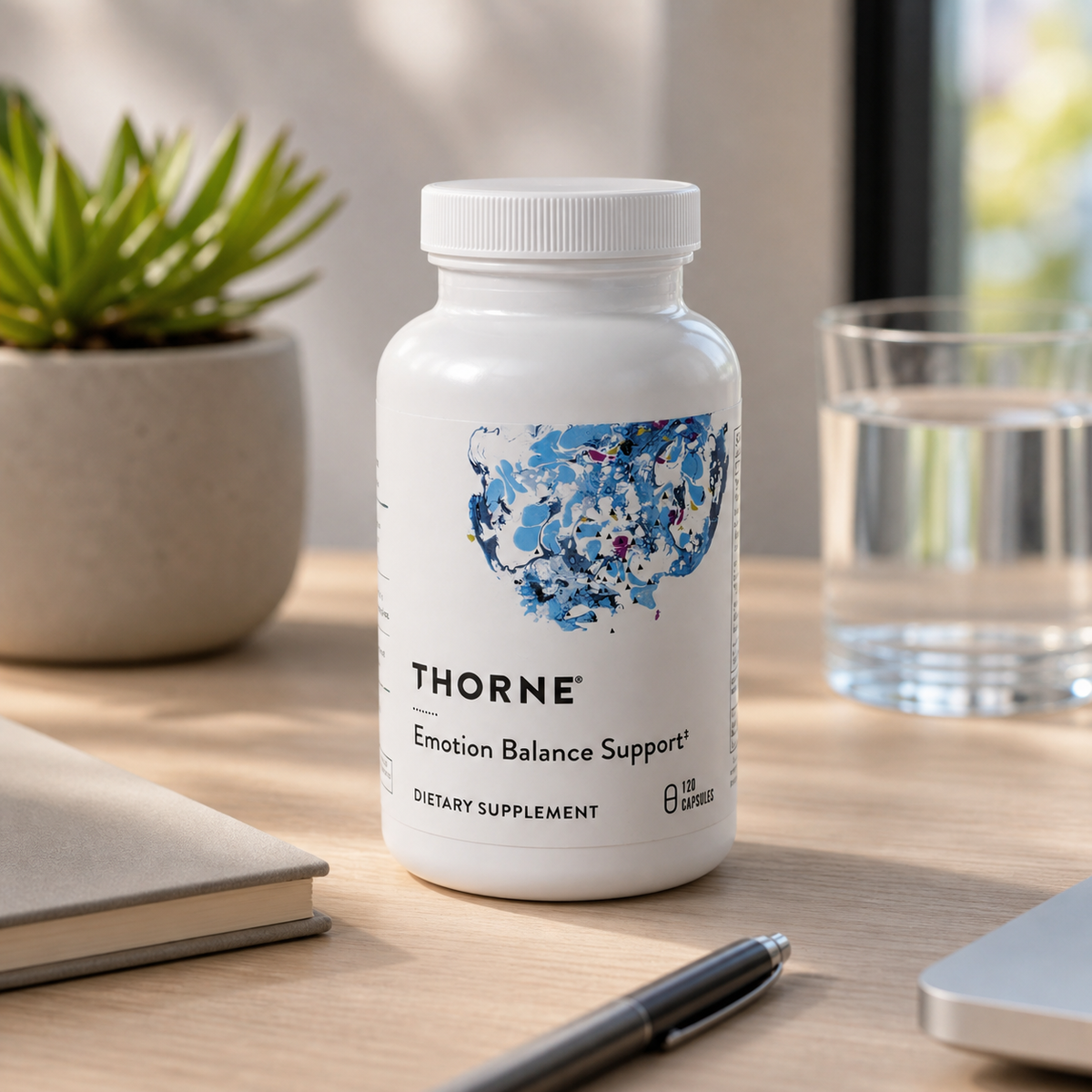 Thorne Emotion Balance Support 120 capsules on a calm home office desk