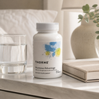 Illustrative morning-routine image of sealed Thorne Hormone Advantage bottle