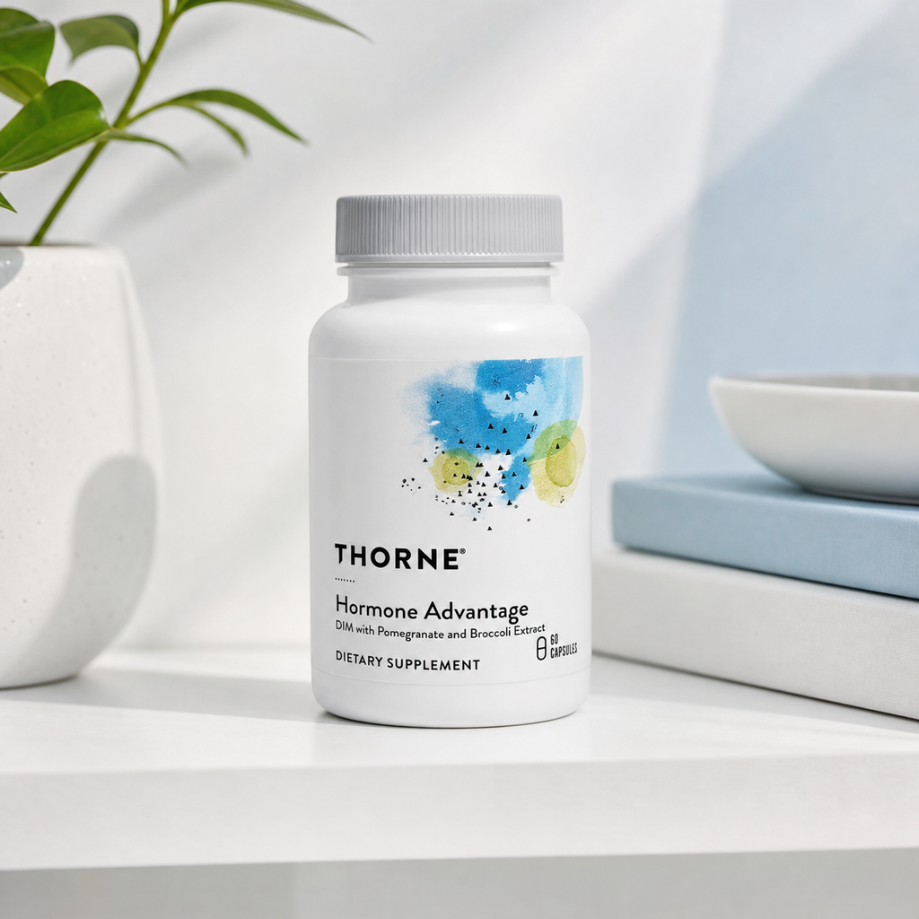 Illustrative lifestyle image of sealed Thorne Hormone Advantage bottle on a wellness shelf