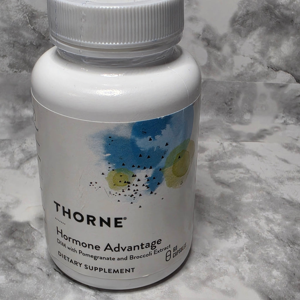 Actual More4less Outlet inventory photo of sealed Thorne Hormone Advantage 60 capsules expiring February 2028