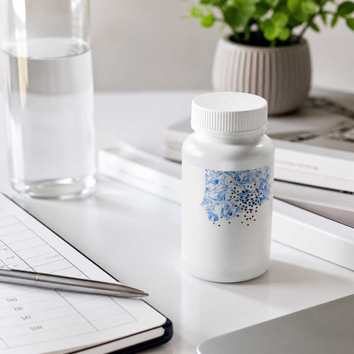 Lifestyle image for Thorne Iron Bisglycinate inspired bottle with planner and water