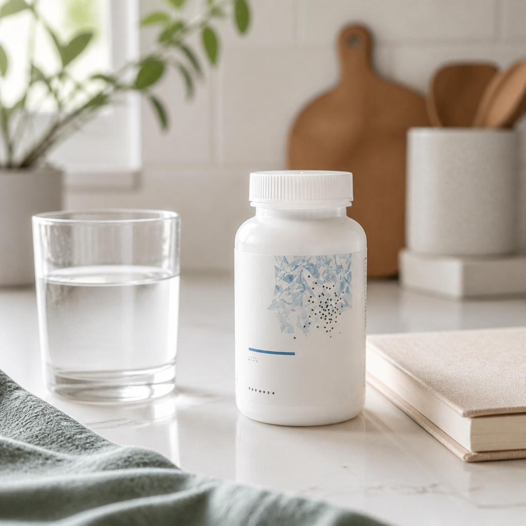 Lifestyle image for Thorne Iron Bisglycinate bottle on kitchen counter with water