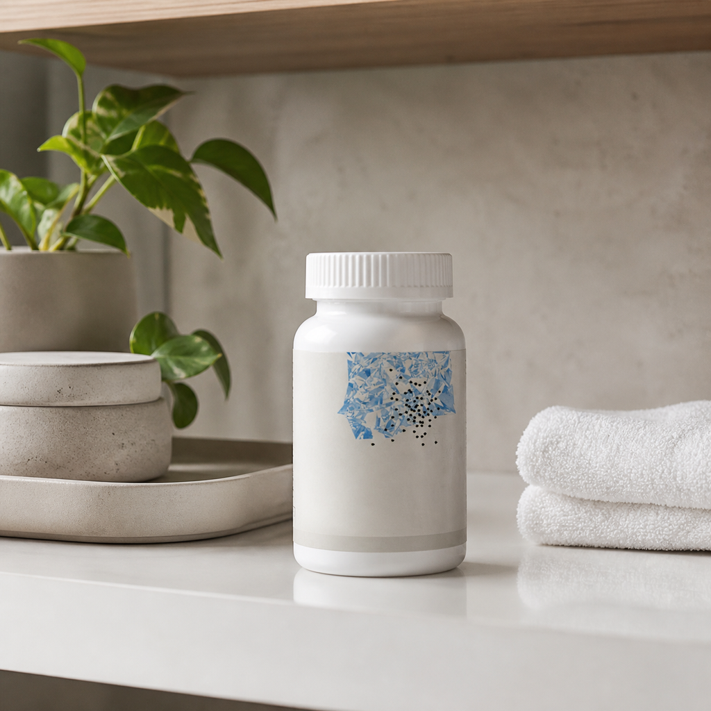 Lifestyle image for Thorne Iron Bisglycinate inspired bottle on wellness shelf