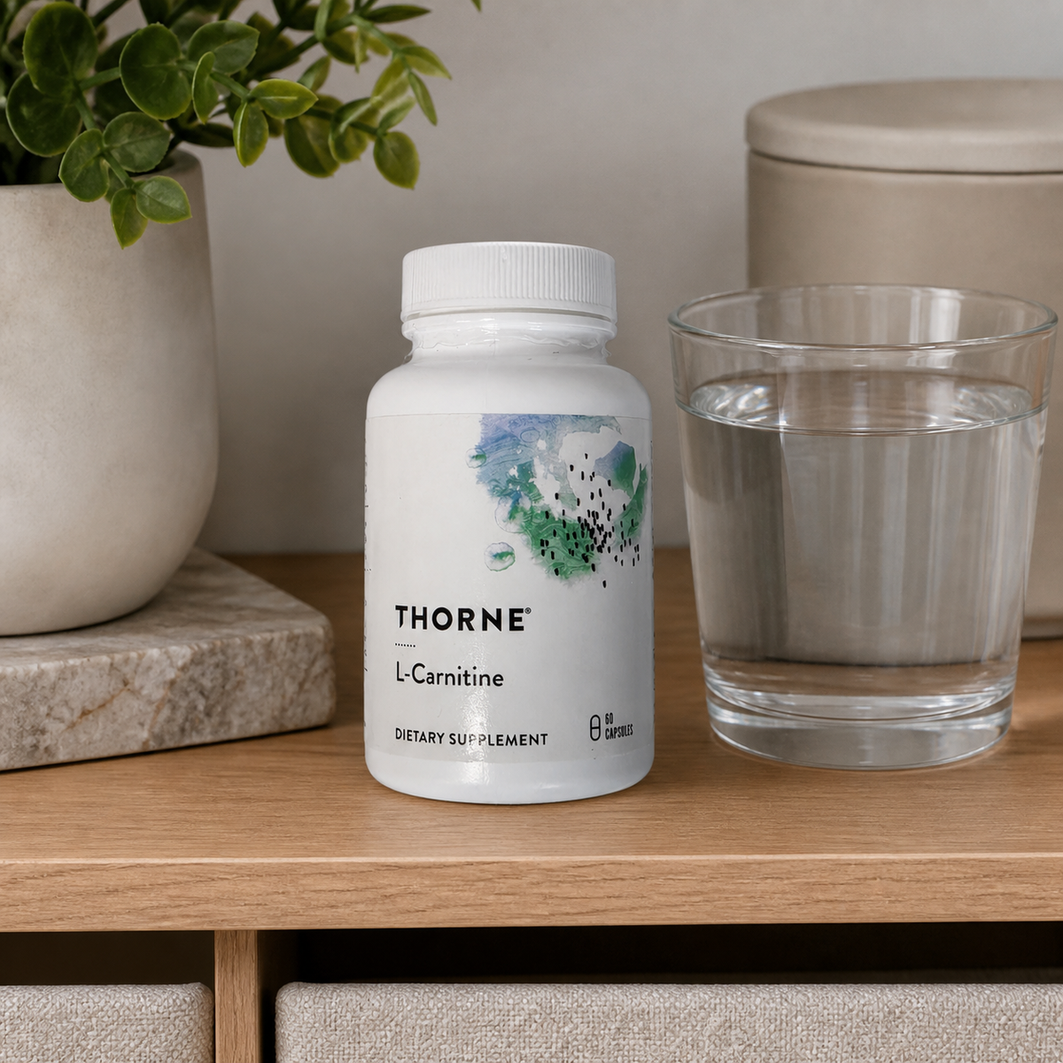 Thorne L-Carnitine 330 mg 60 capsules displayed on a wellness shelf