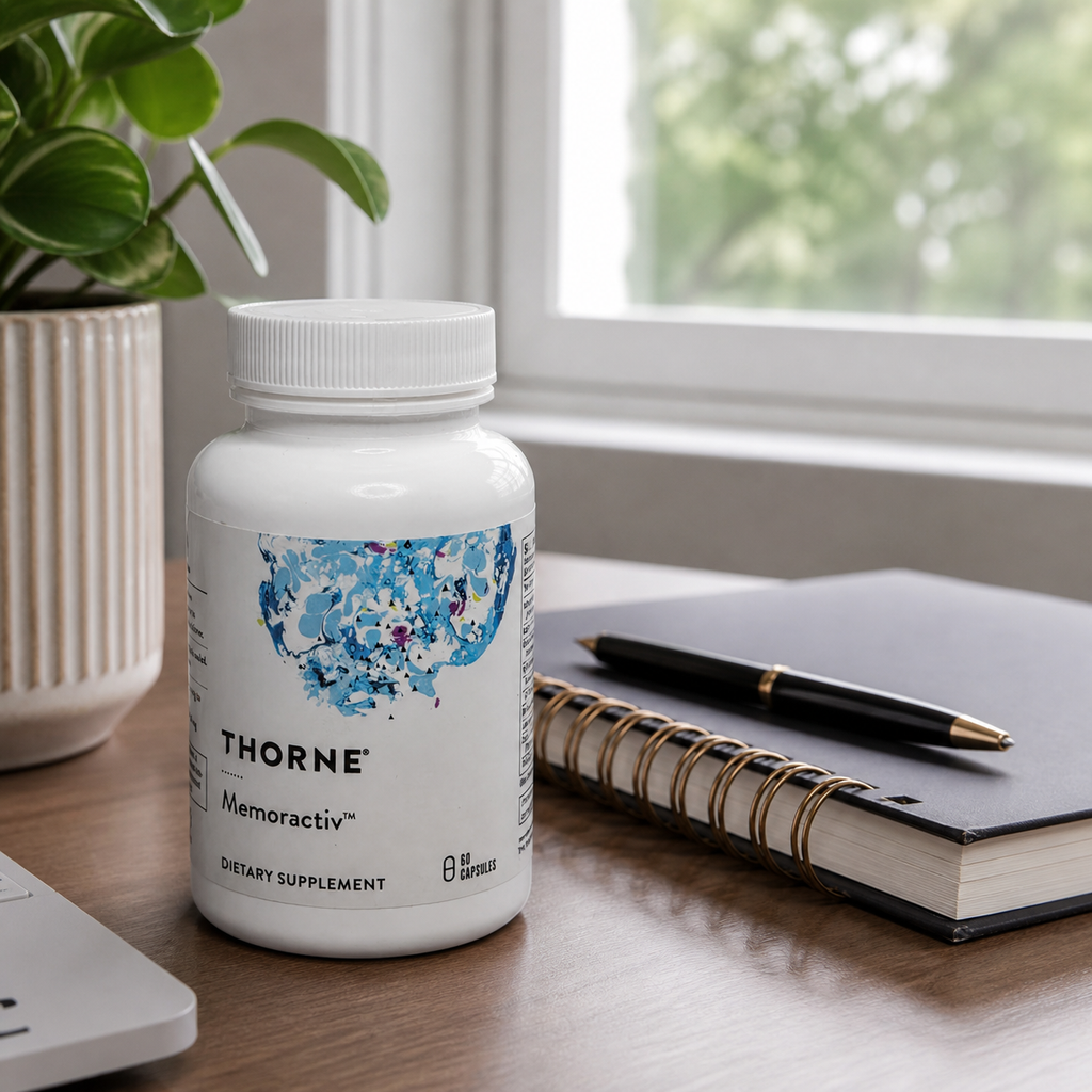Thorne Memoractiv bottle on a desk - AI-generated context image