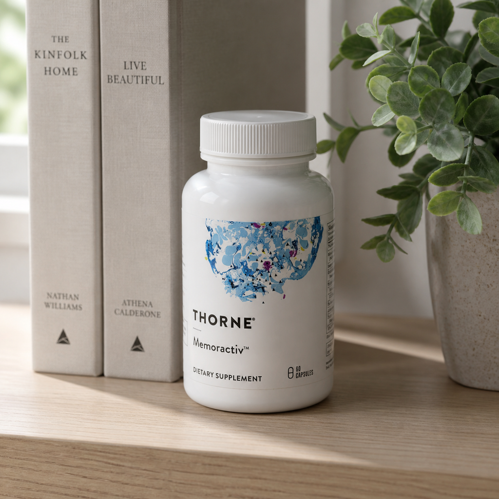Thorne Memoractiv bottle on a bookshelf - AI-generated context image