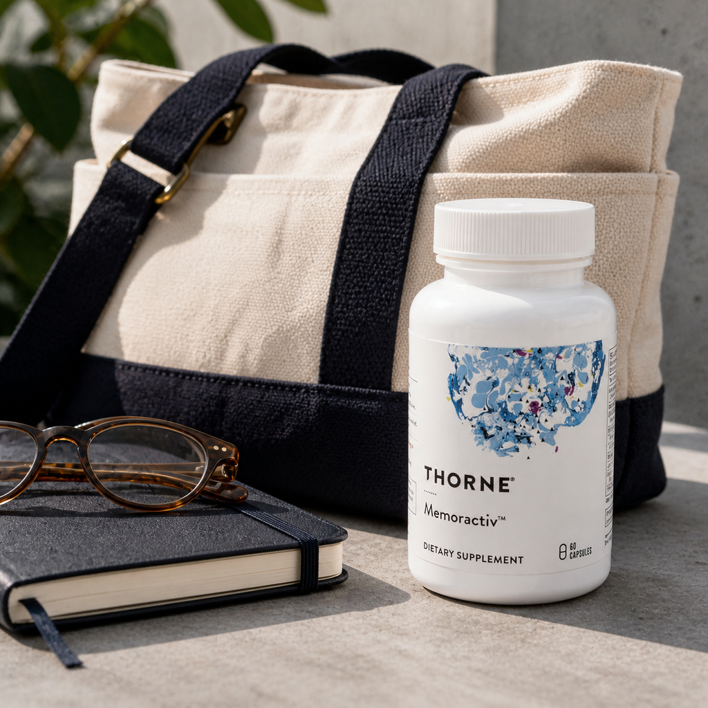 Thorne Memoractiv bottle in a travel setting - AI-generated context image