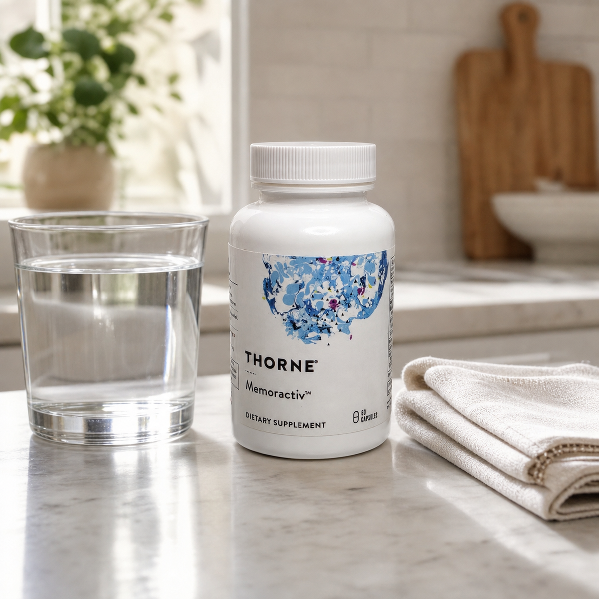 Thorne Memoractiv bottle beside water - AI-generated context image