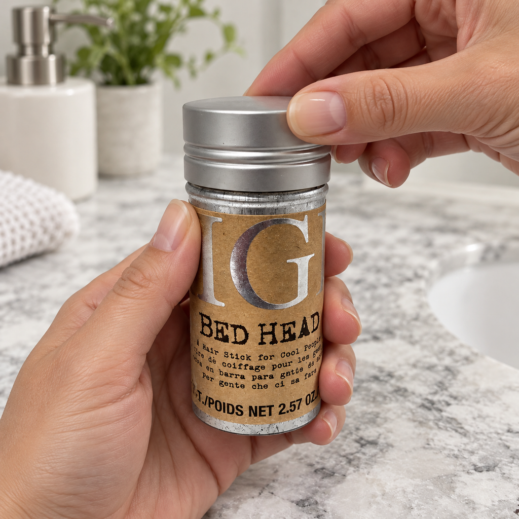 Illustrative adult hands slightly lifting the silver cap of the TIGI Bed Head Hair Stick; wax remains concealed.