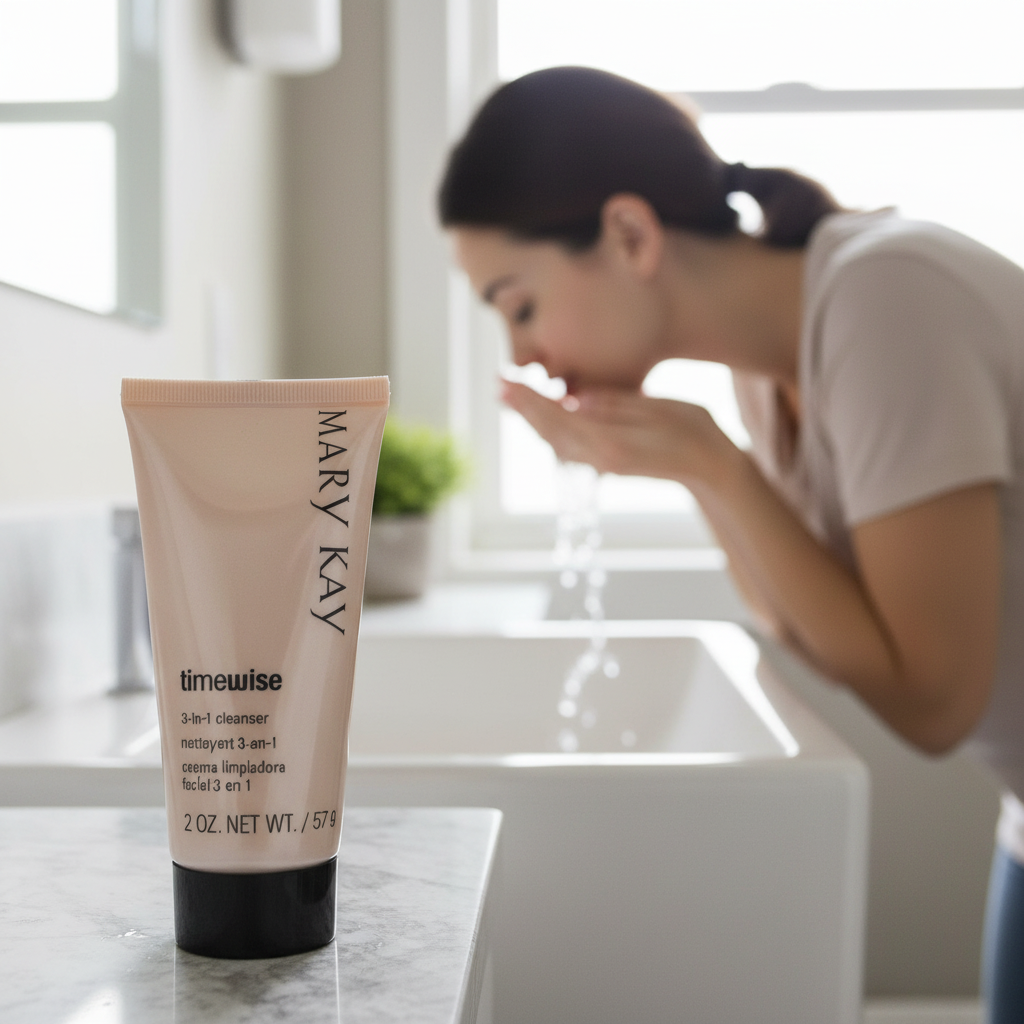 TimeWise 3-in-1 Cleanser by sink, woman rinsing face in background