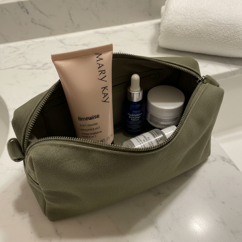 TimeWise 3-in-1 Cleanser in open travel toiletry bag on hotel counter