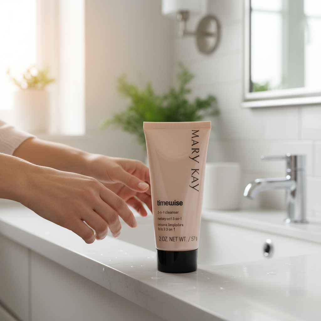 TimeWise 3-in-1 Cleanser on bathroom sink edge, woman reaching for it