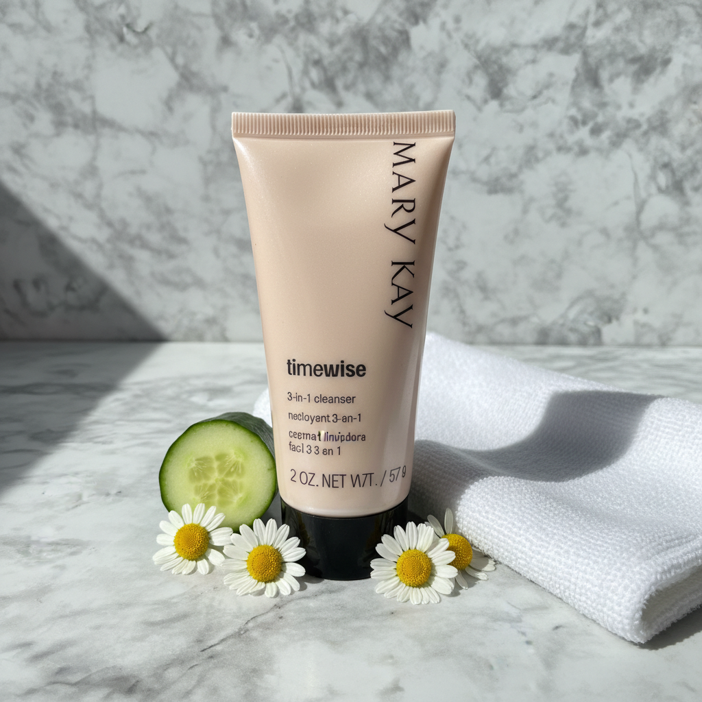 TimeWise 3-in-1 Cleanser on marble with chamomile, cucumber and face cloth