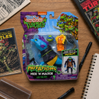 Illustrative lifestyle image of TMNT Mutations Mix N Match Lee the Eel package on a collector desk