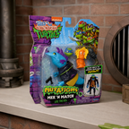 Illustrative lifestyle image of TMNT Mutations Mix N Match Lee the Eel package on a collector shelf