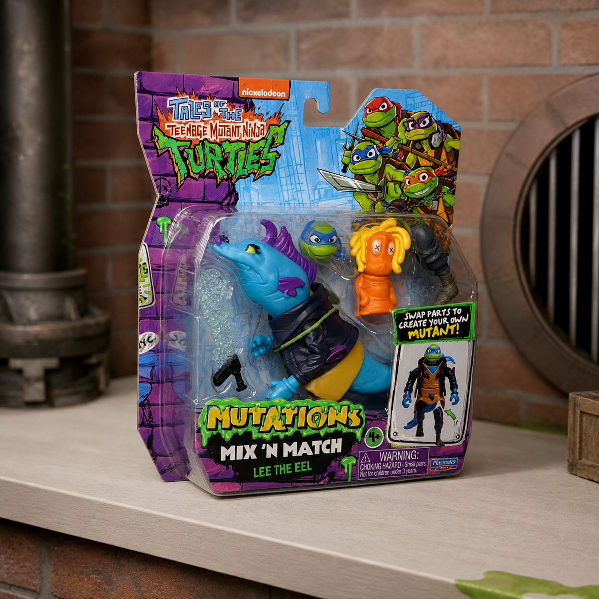 Illustrative lifestyle image of TMNT Mutations Mix N Match Lee the Eel package on a collector shelf