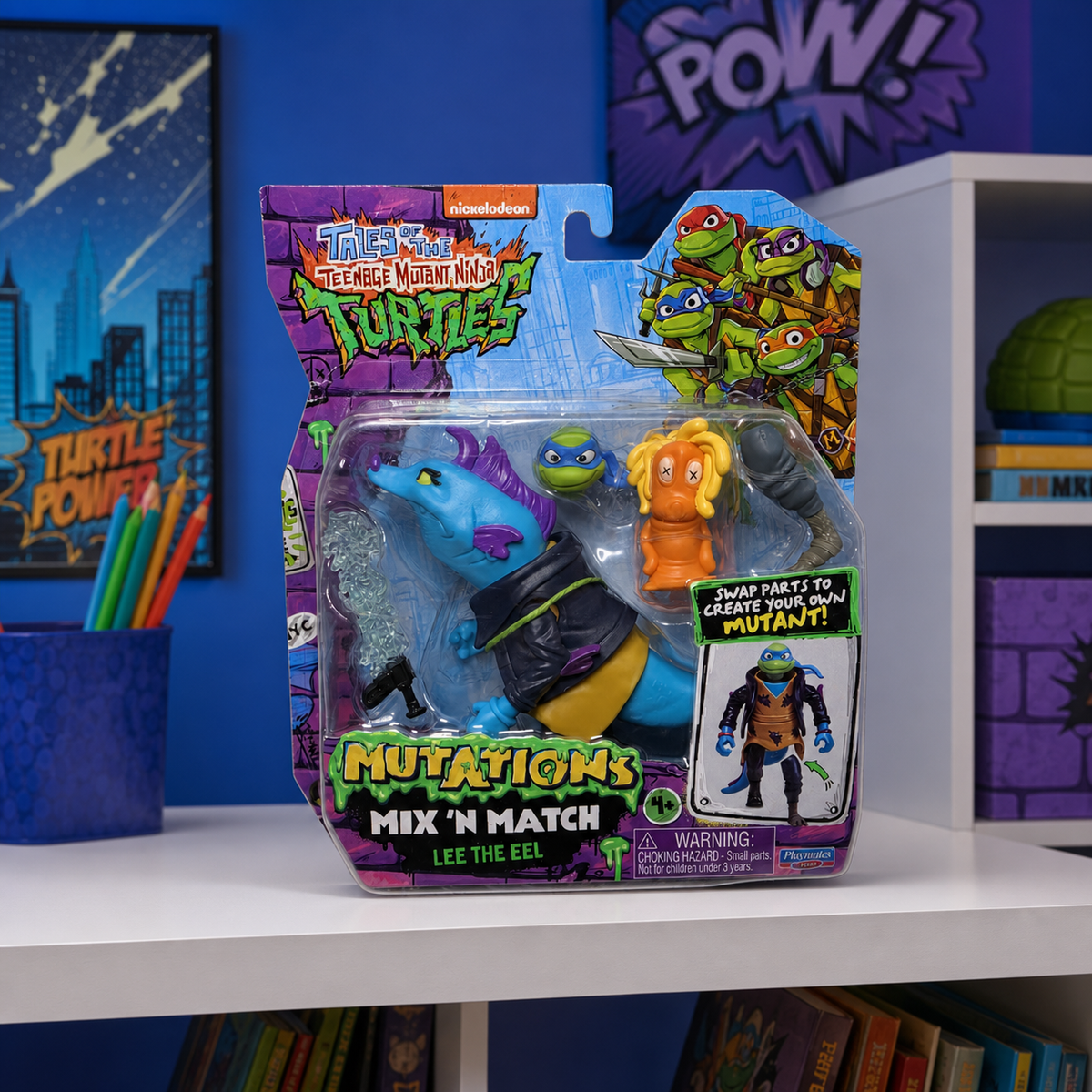 Illustrative lifestyle image of TMNT Mutations Mix N Match Lee the Eel package on a toy shelf