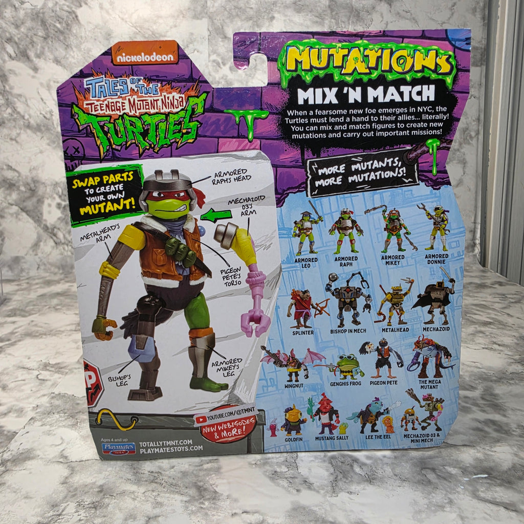 TMNT Mutations Mechazoid 03 with Mini Mech package back Mix N Match character lineup