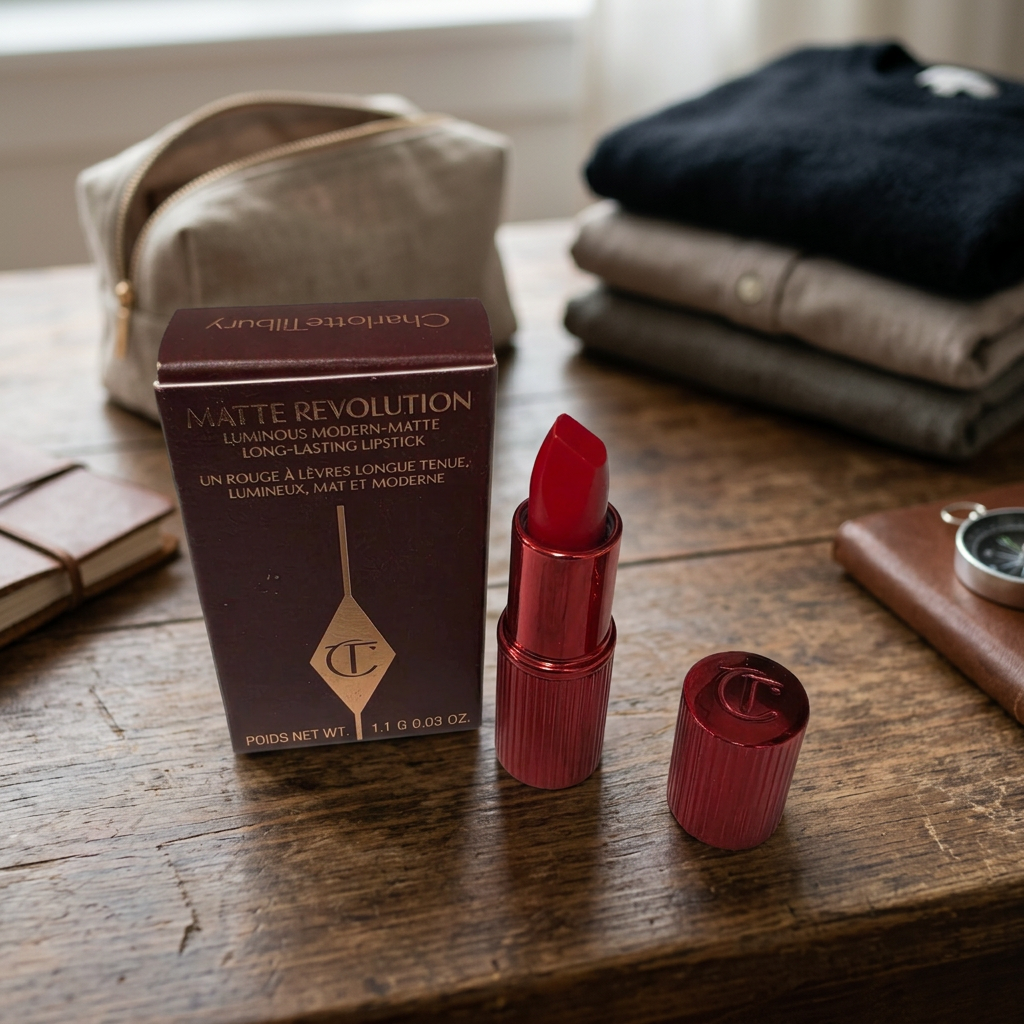 Charlotte Tilbury Hollywood Vixen 1.1 g mini lipstick, cap and original box on a travel packing table, AI-assisted lifestyle illustration.