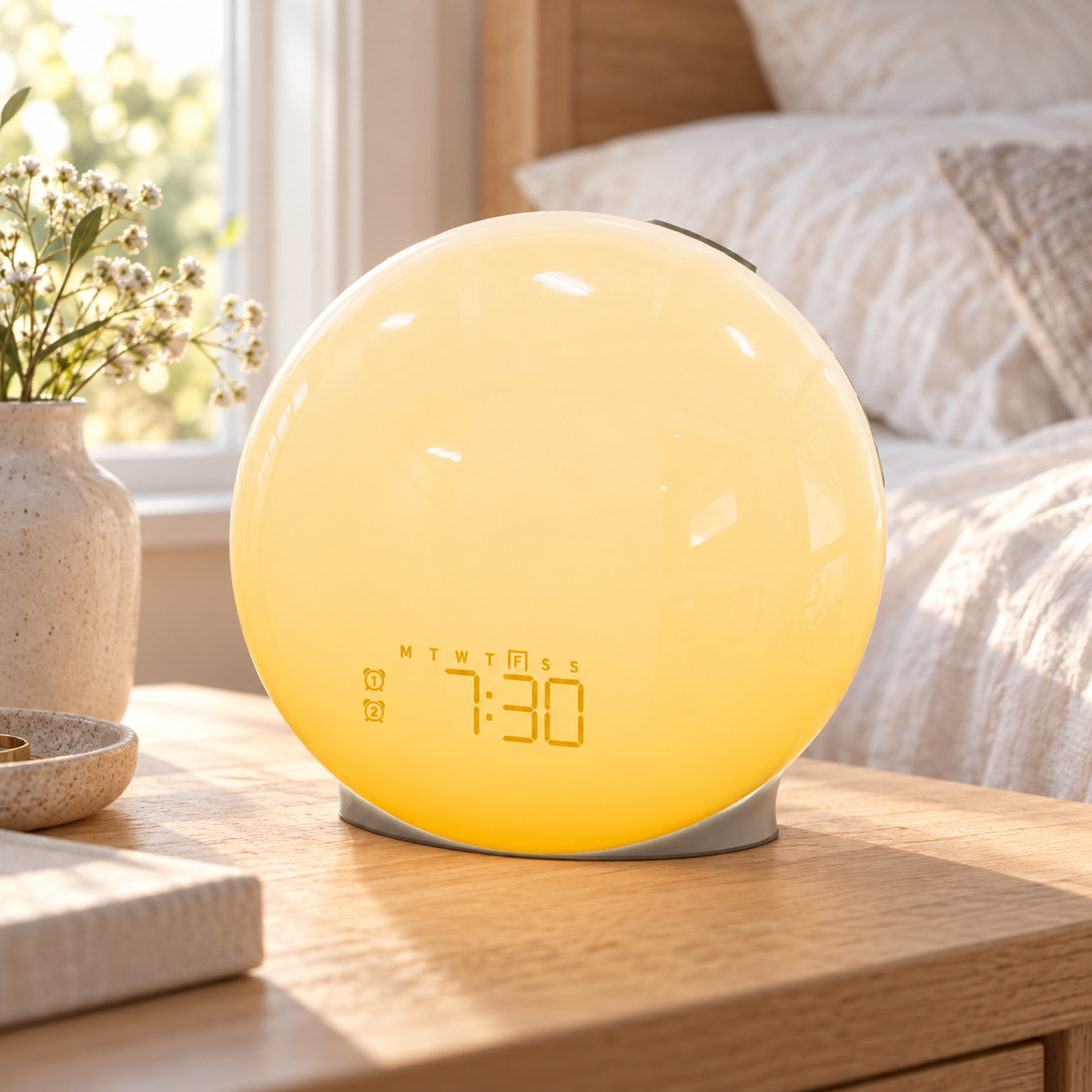 Illustrative lifestyle scene of Trending Now sunrise clock on an oak bedside table in morning light