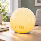 Illustrative lifestyle scene of Trending Now sunrise clock beside a notebook on a home office desk