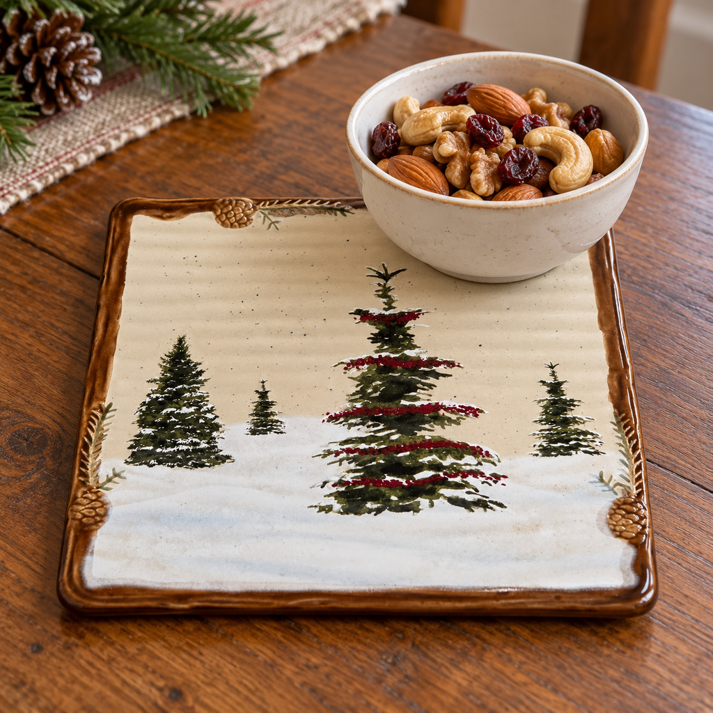 Snow Valley square trivet supporting a small serving bowl