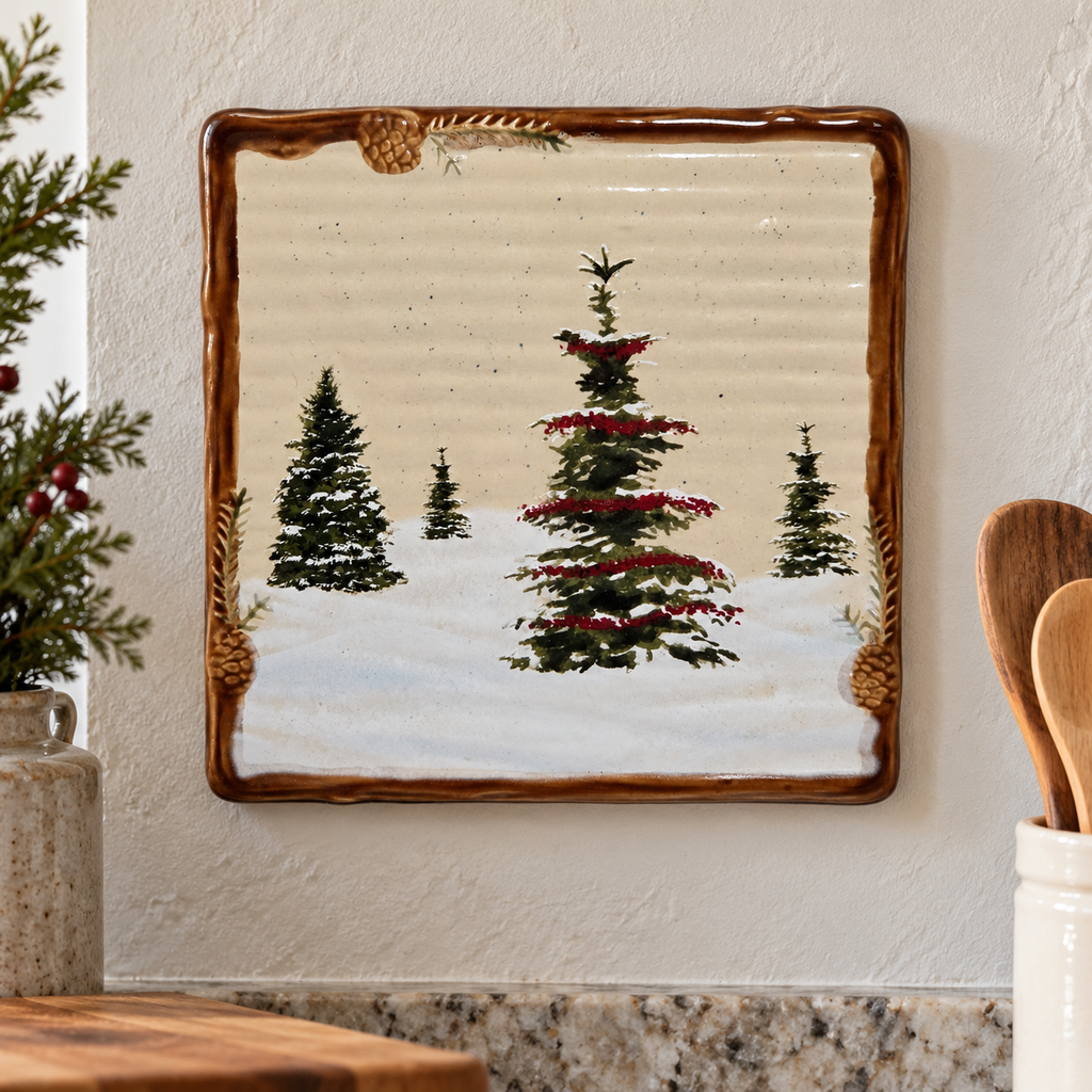 Snow Valley Christmas tree trivet displayed on a kitchen wall