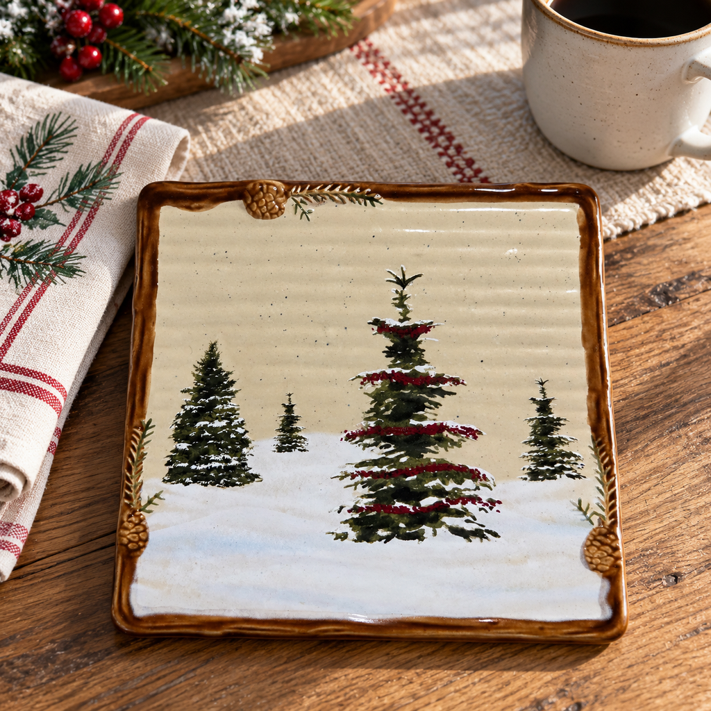 Snow Valley trivet beside a folded napkin and cup