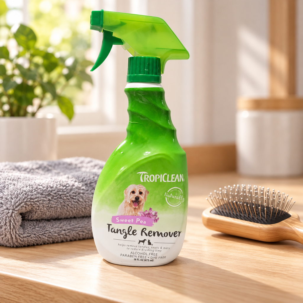 AI-generated lifestyle illustration of TropiClean Sweet Pea Tangle Remover on a pale wood grooming counter beside a towel and brush; background props not included