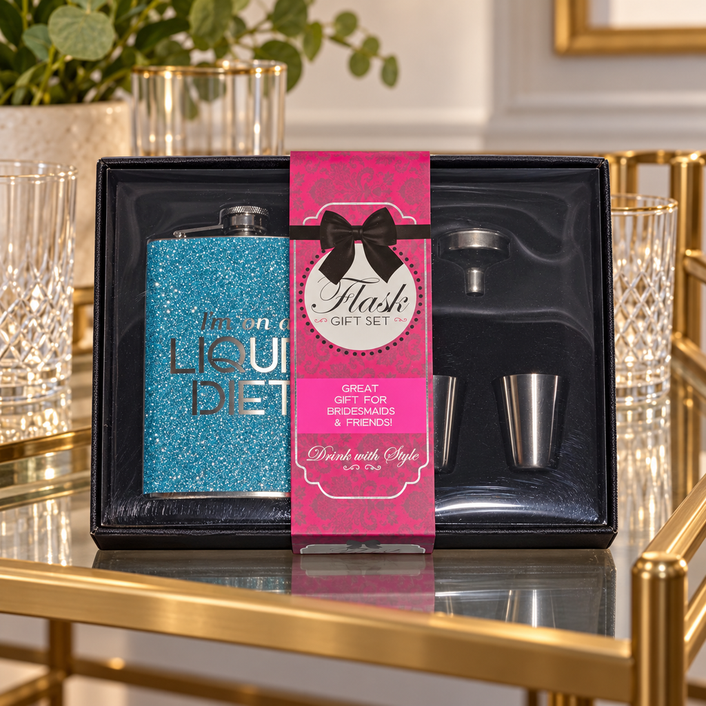 AI-generated lifestyle illustration of one boxed turquoise glitter flask gift set on a bar cart; background props not included.
