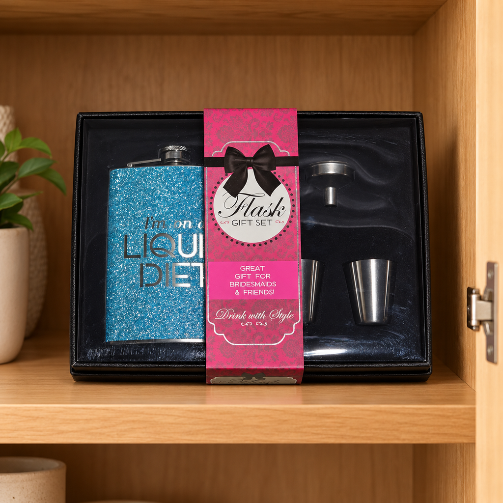 AI-generated lifestyle illustration of one boxed turquoise glitter flask gift set on a cupboard; background props not included.