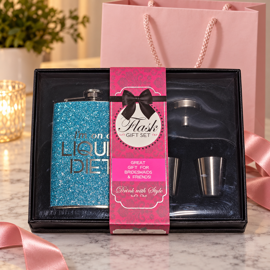 AI-generated lifestyle illustration of one boxed turquoise glitter flask gift set on a gift table; background props not included.