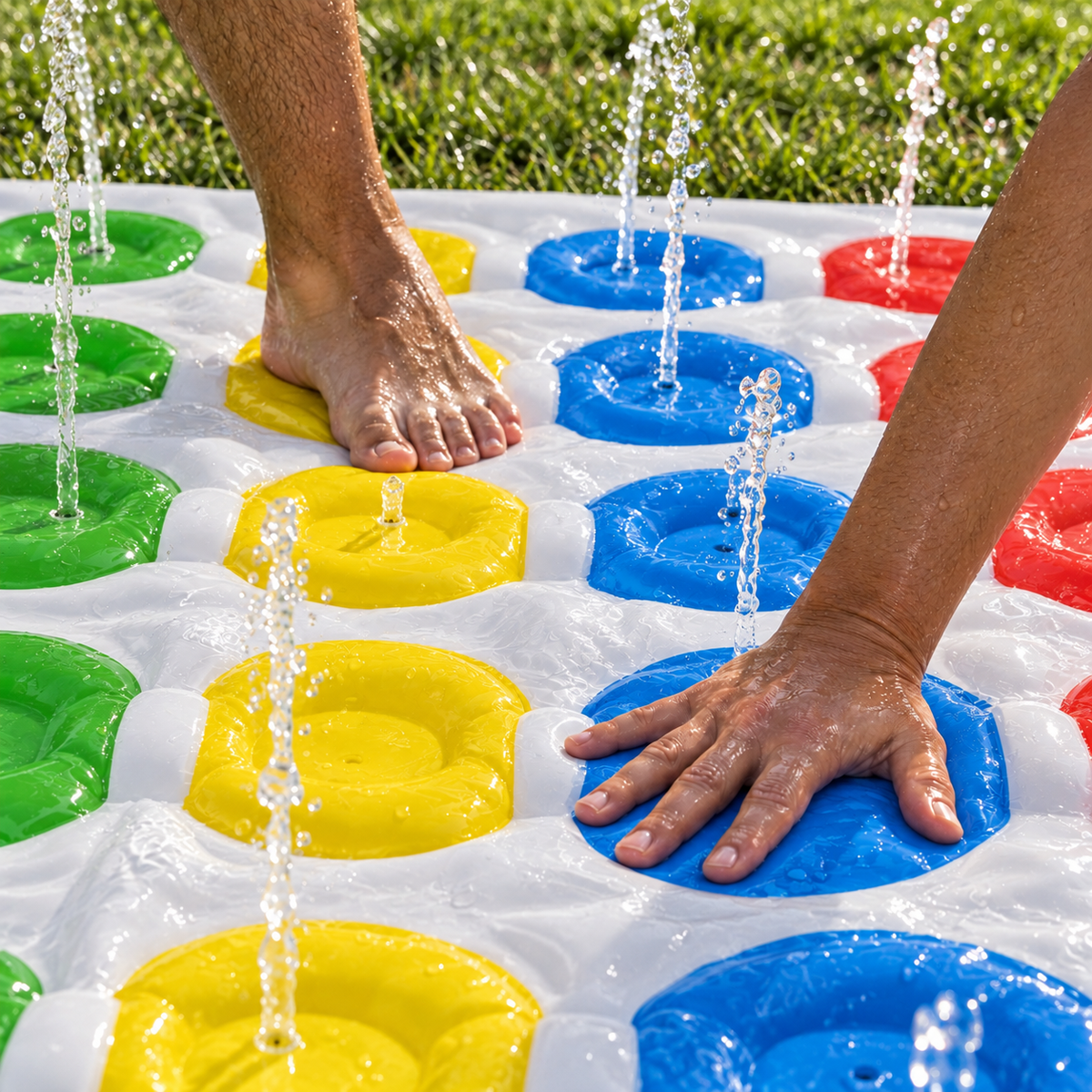 A hand and foot covering colored spots as water sprays from the Twister Splash mat