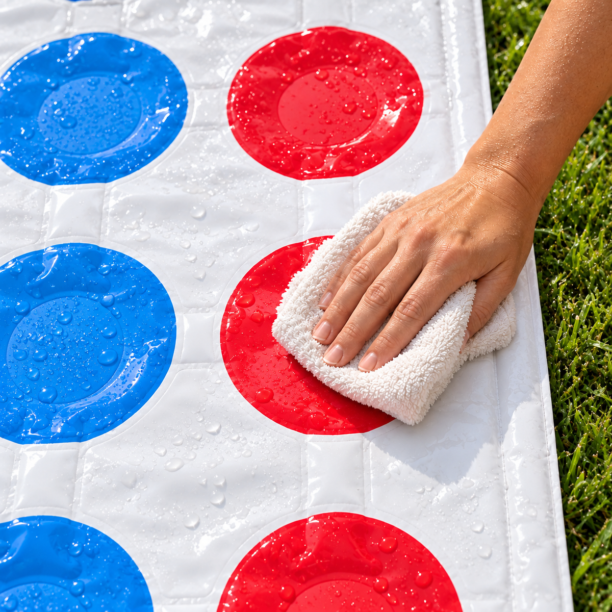 Wiping water from the Twister Splash mat on the lawn