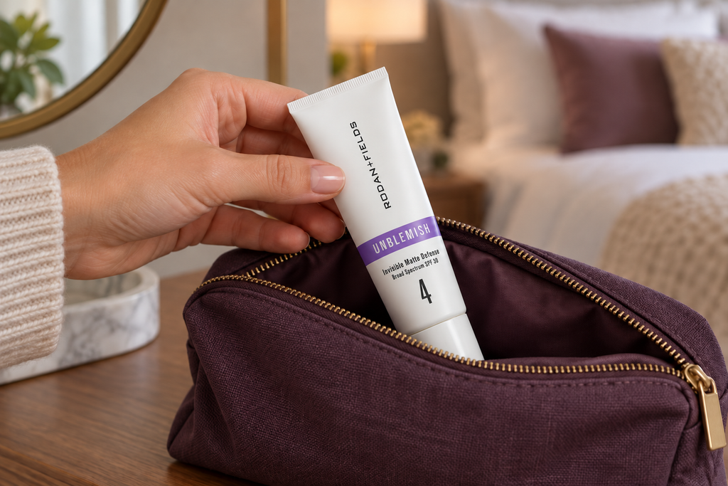 The capped Rodan + Fields UNBLEMISH tube being placed in a fabric toiletry pouch