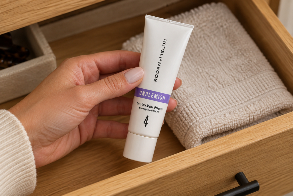 A hand selecting the closed UNBLEMISH Invisible Matte Defense tube from an indoor drawer